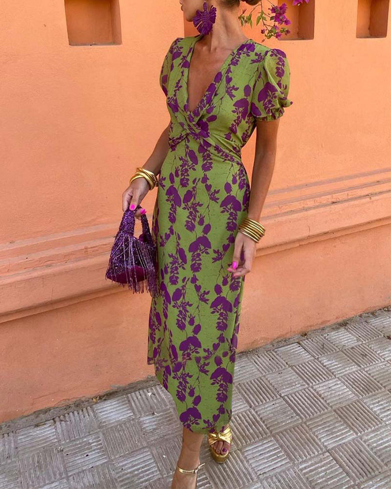 Aria™ - Chic Deep V-Neck Dress with Leaf Design
