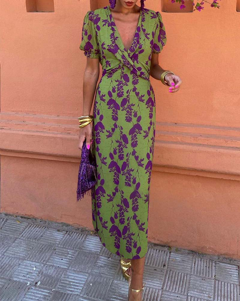 Aria™ - Chic Deep V-Neck Dress with Leaf Design