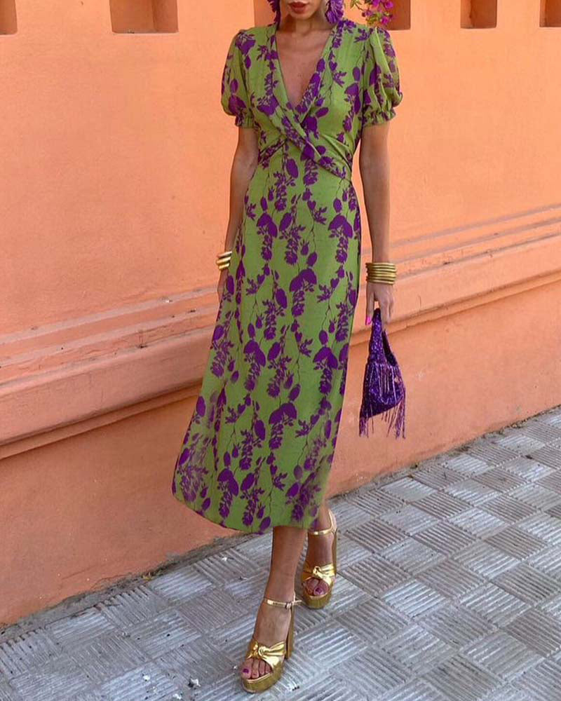 Aria™ - Chic Deep V-Neck Dress with Leaf Design