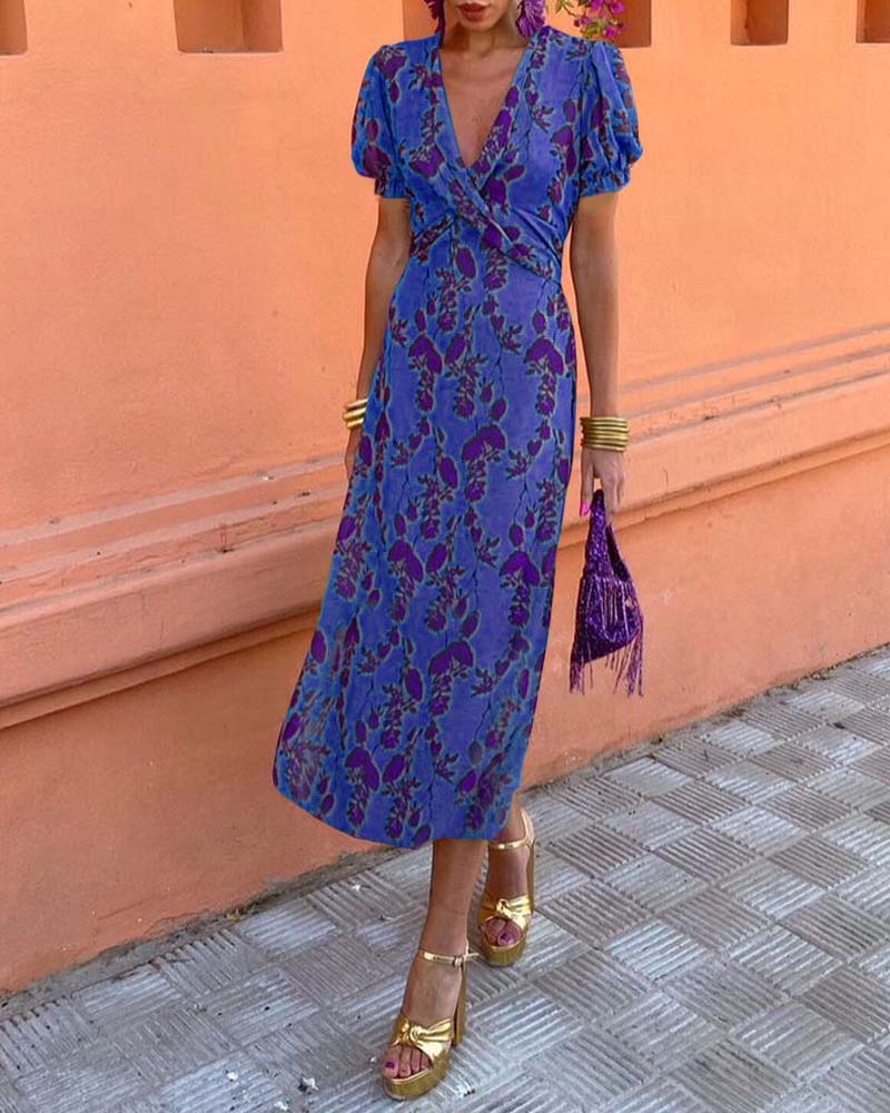Aria™ - Chic Deep V-Neck Dress with Leaf Design