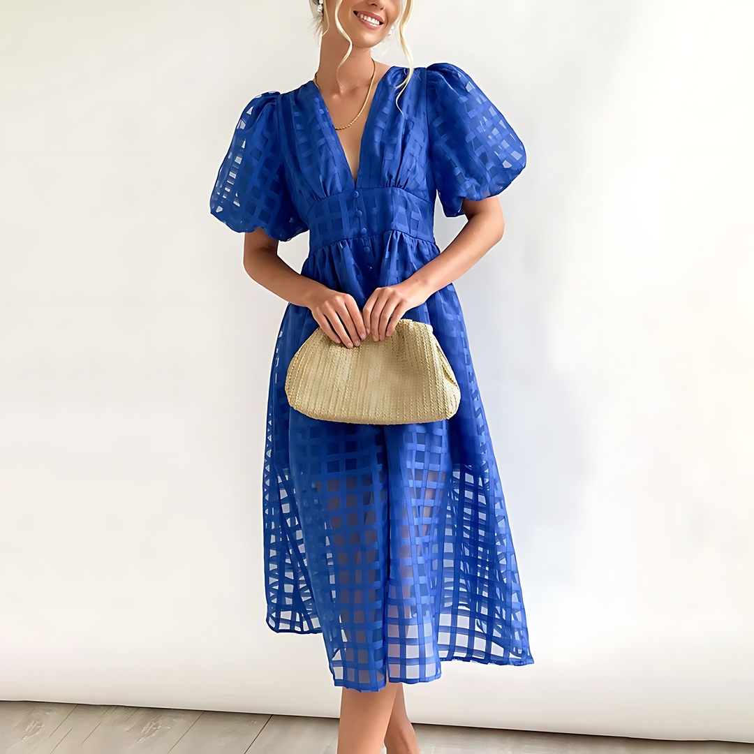 Elowen – Vintage Puff Sleeve Midi Dress