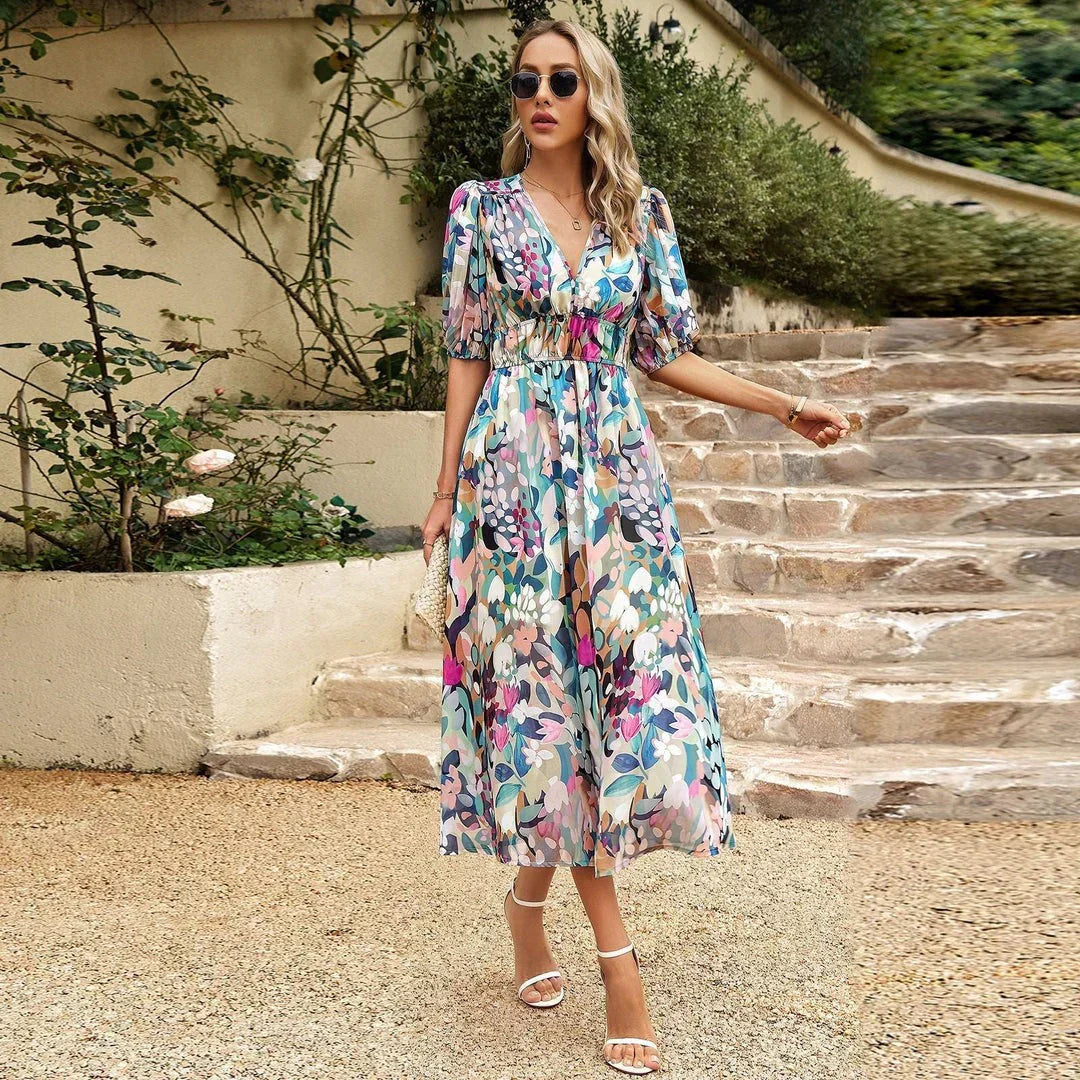 Innova – Ruched Puff Sleeve Midi Dress