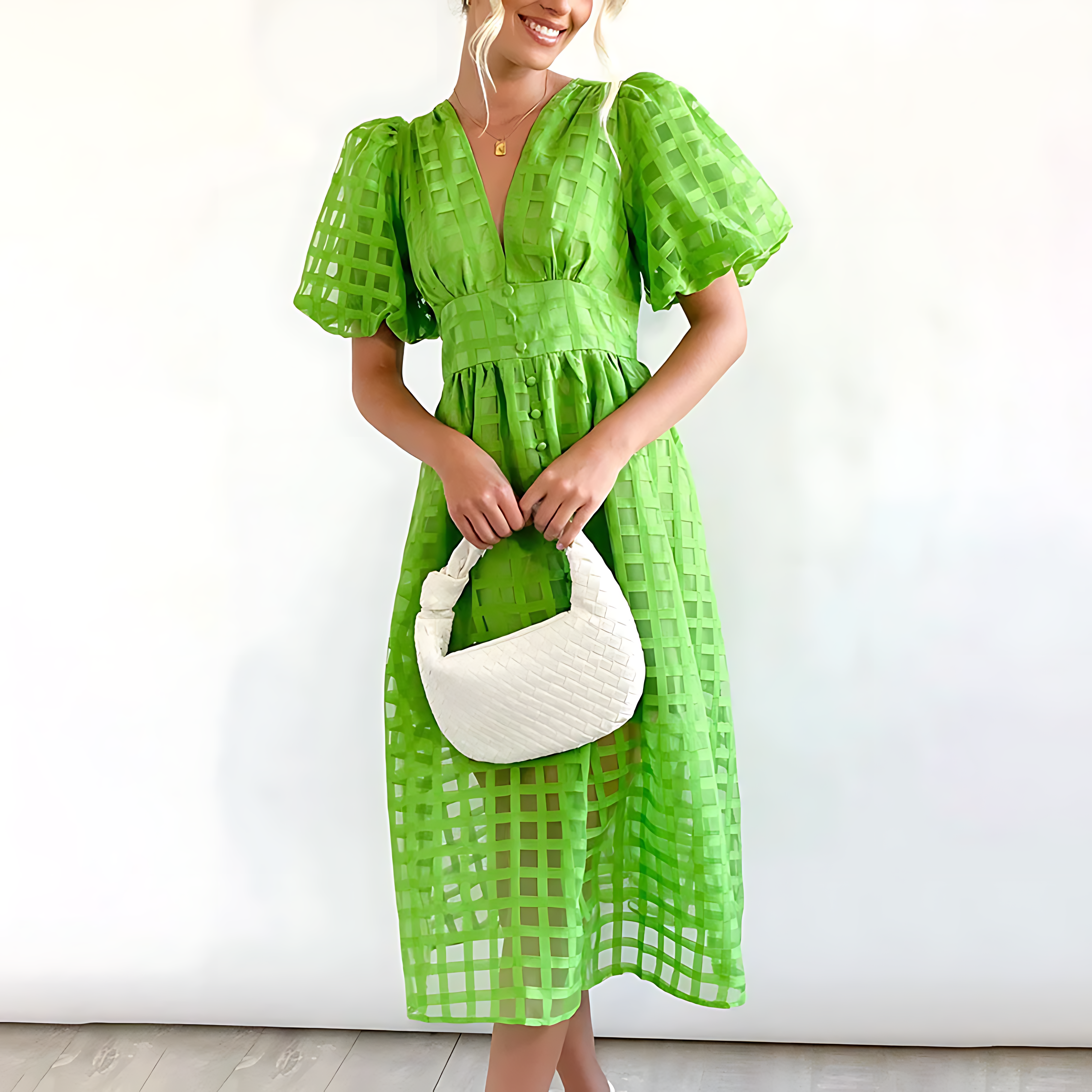 Elowen – Vintage Puff Sleeve Midi Dress