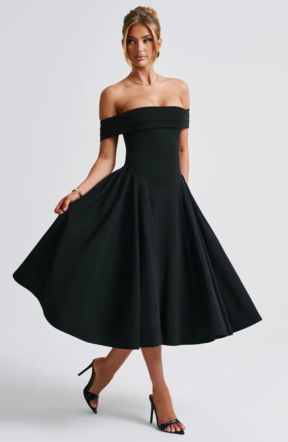 Rosetta – Off-Shoulder Pleated Midi Gown