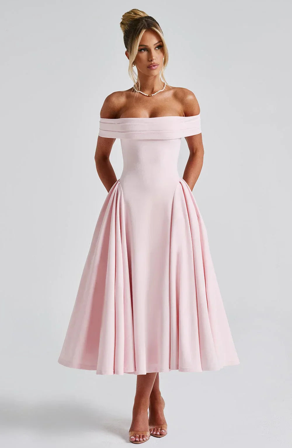 Bellina – Off-Shoulder Pleated Midi Gown