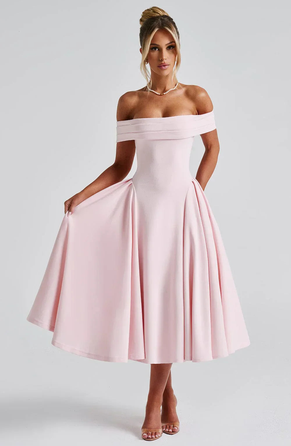 Rosetta – Off-Shoulder Pleated Midi Gown