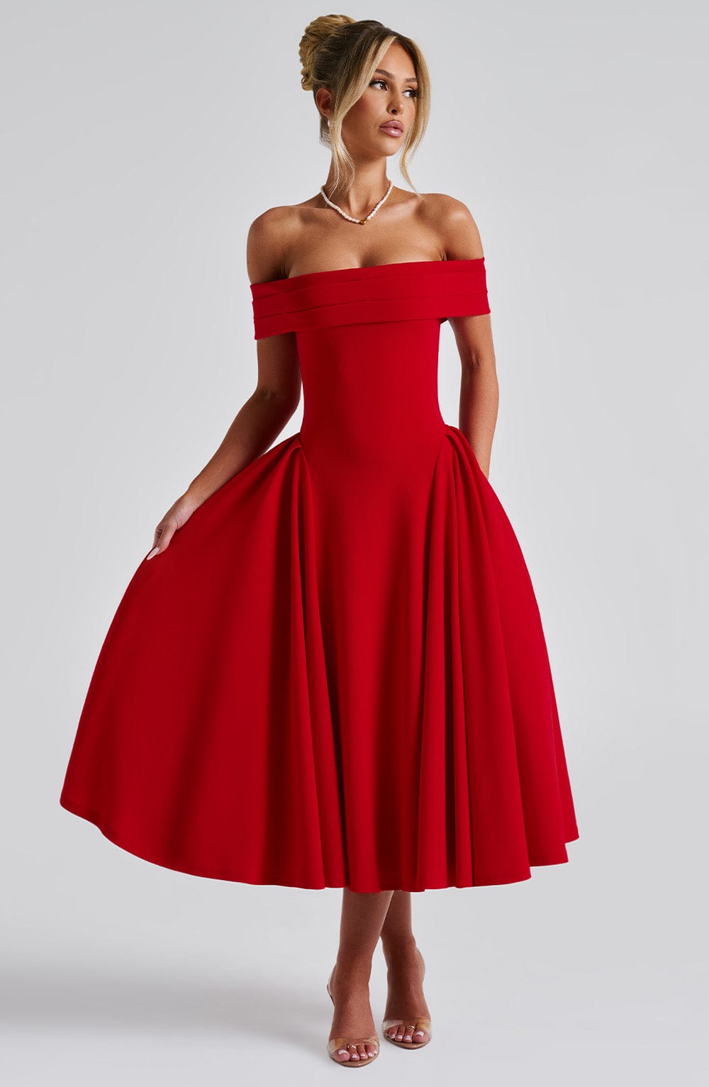 Rosetta – Off-Shoulder Pleated Midi Gown