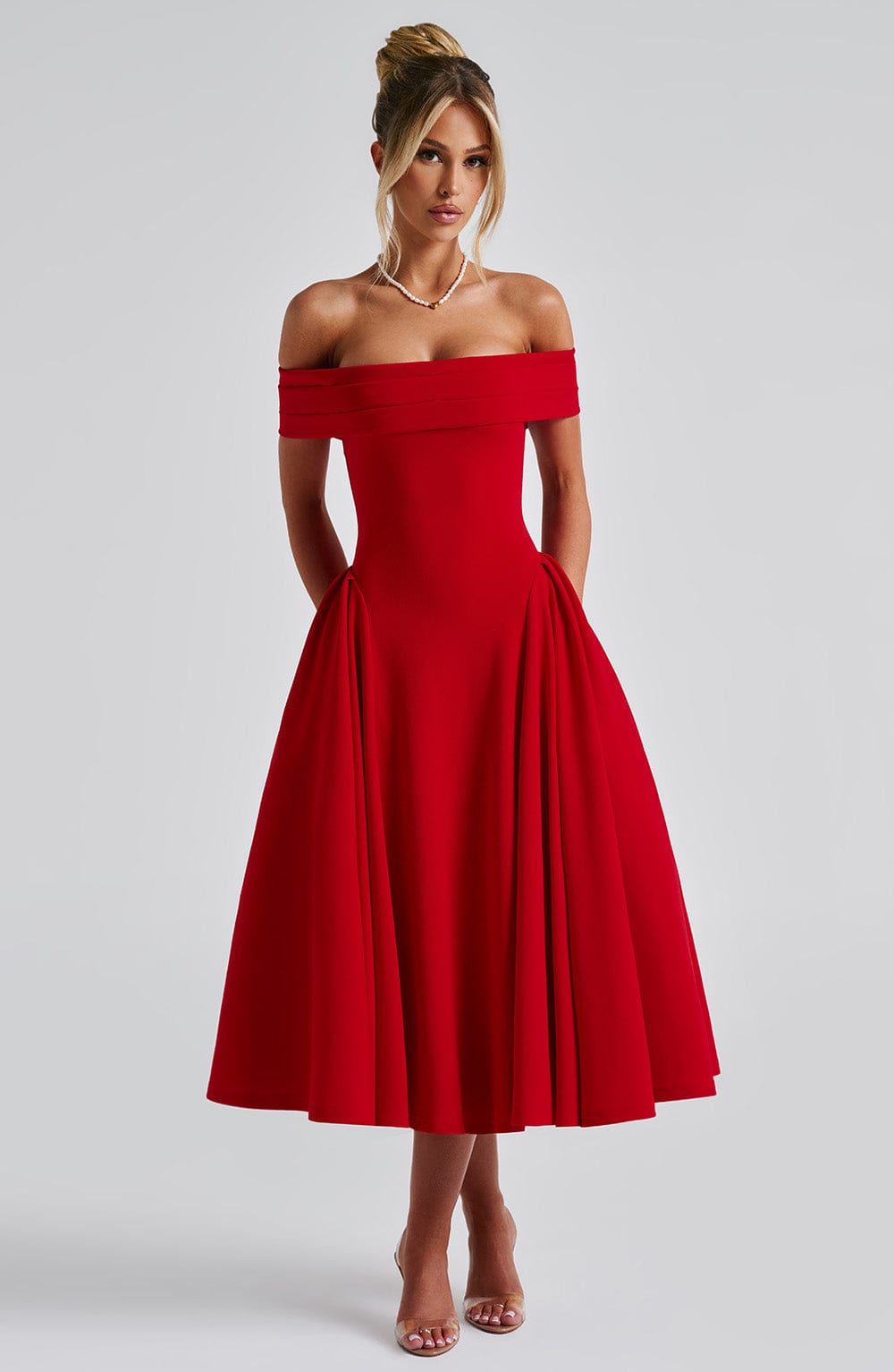 Bellina – Off-Shoulder Pleated Midi Gown