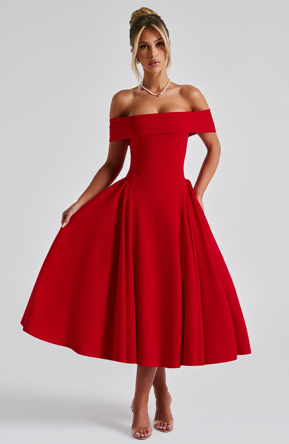 Antonia – Off-Shoulder Pleated Midi Gown
