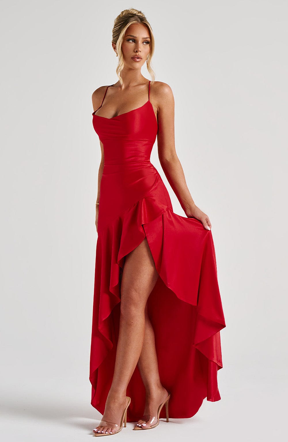 Delia – Draped Ruffle Hem Gown