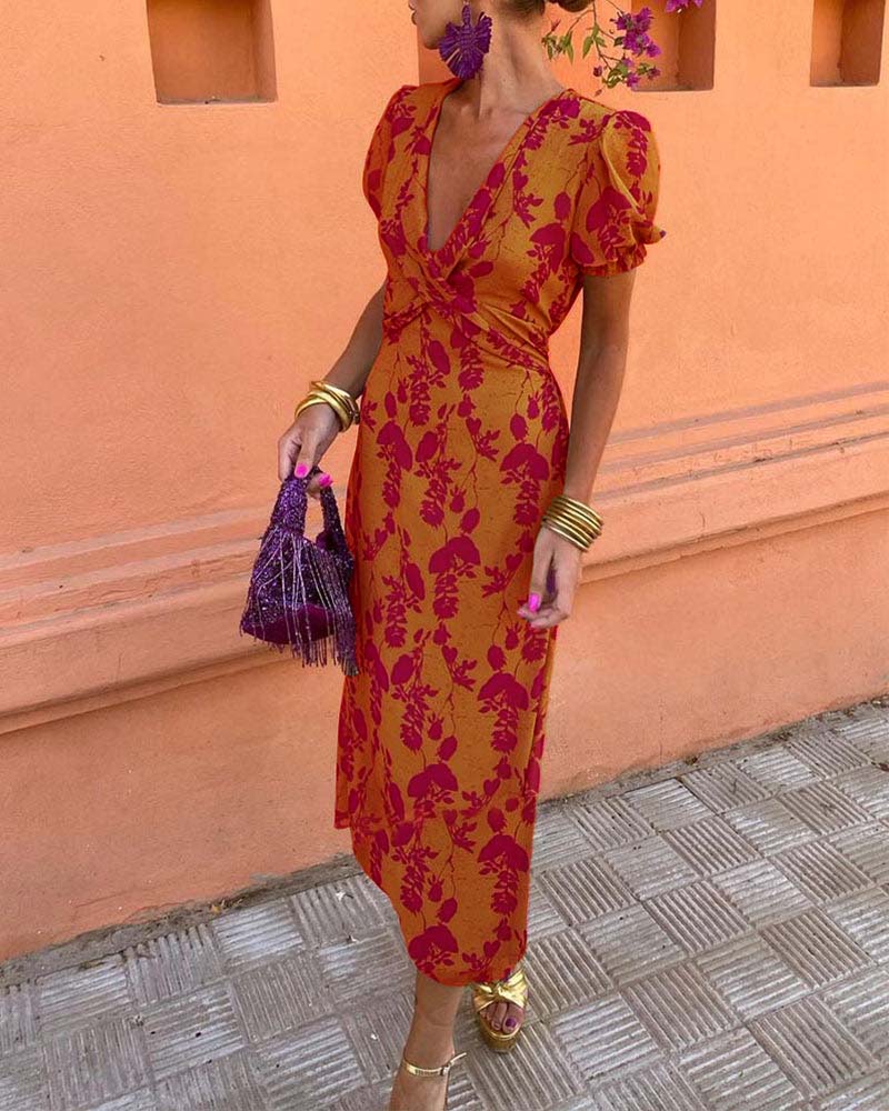 Aria™ - Chic Deep V-Neck Dress with Leaf Design