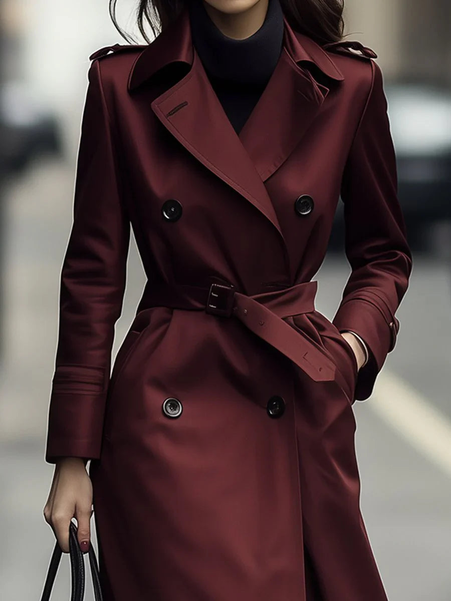 Brandy - Classic Double-Breasted Belted Trench Coat In Burgundy