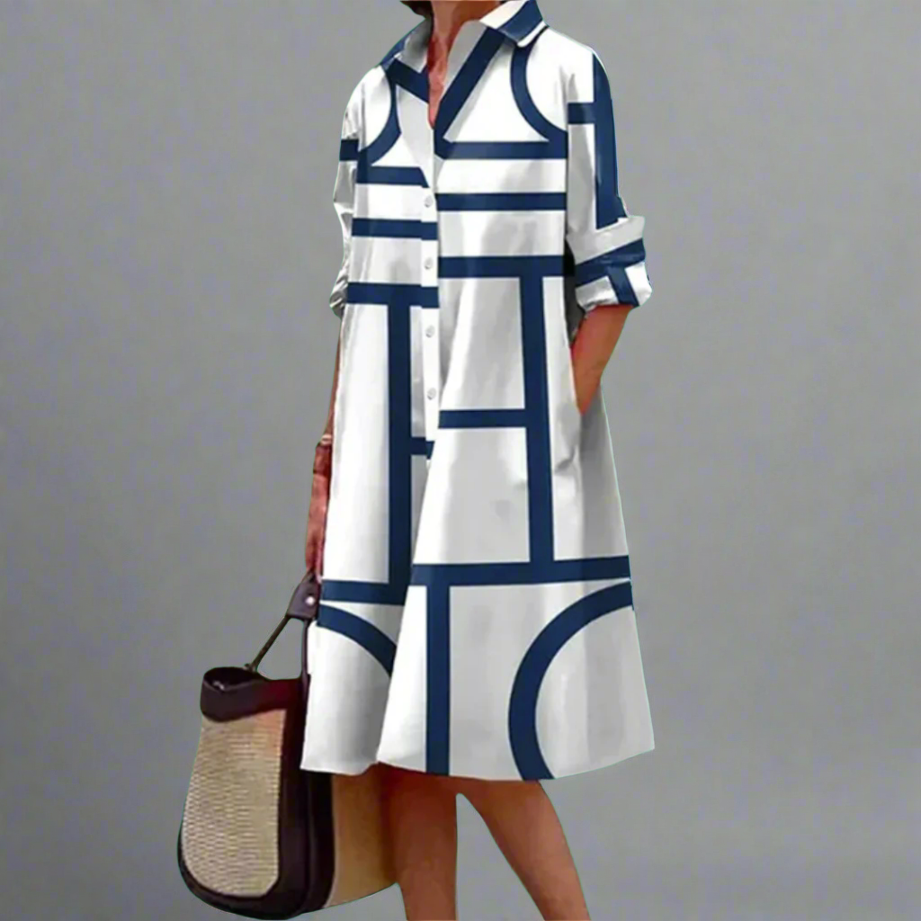 Cosima - Elegant blue midi dress with geometric stripes