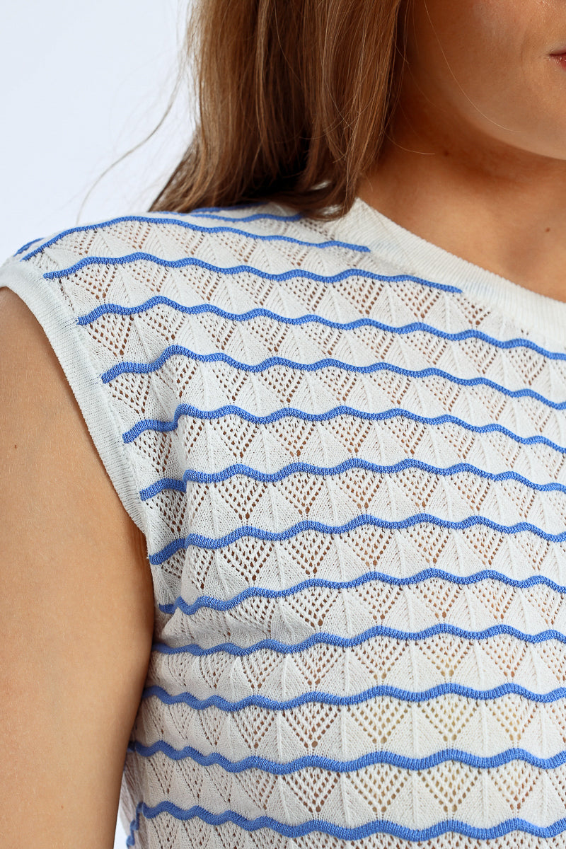Daisy  – White and Blue Sleeveless Sweater