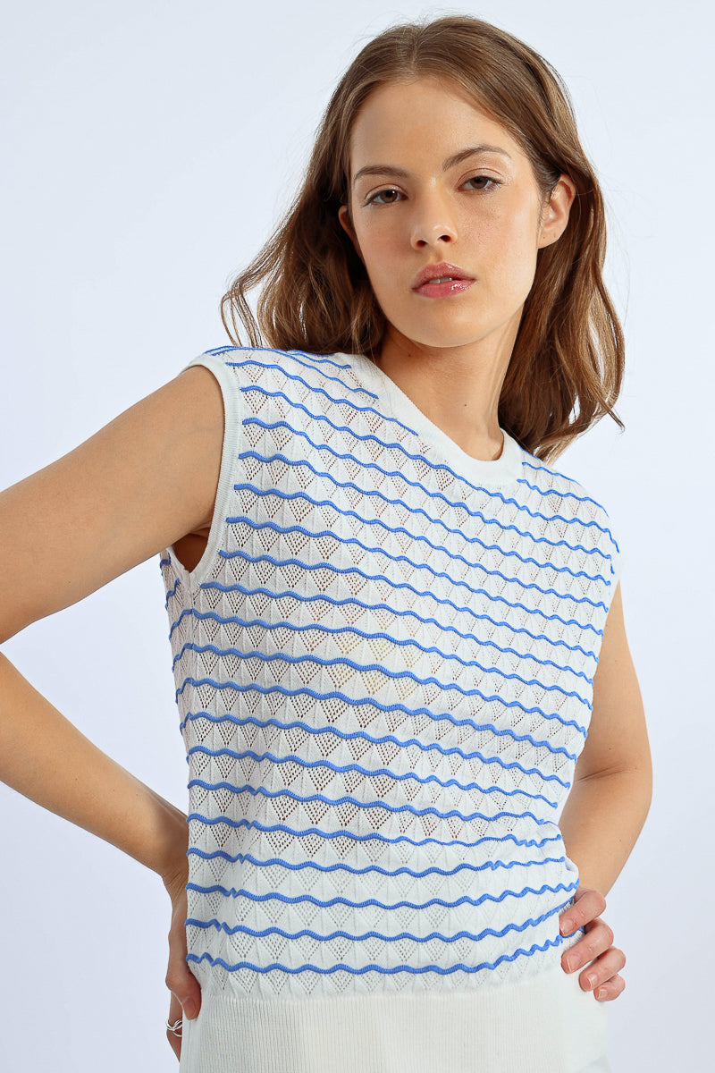 Daisy  – White and Blue Sleeveless Sweater