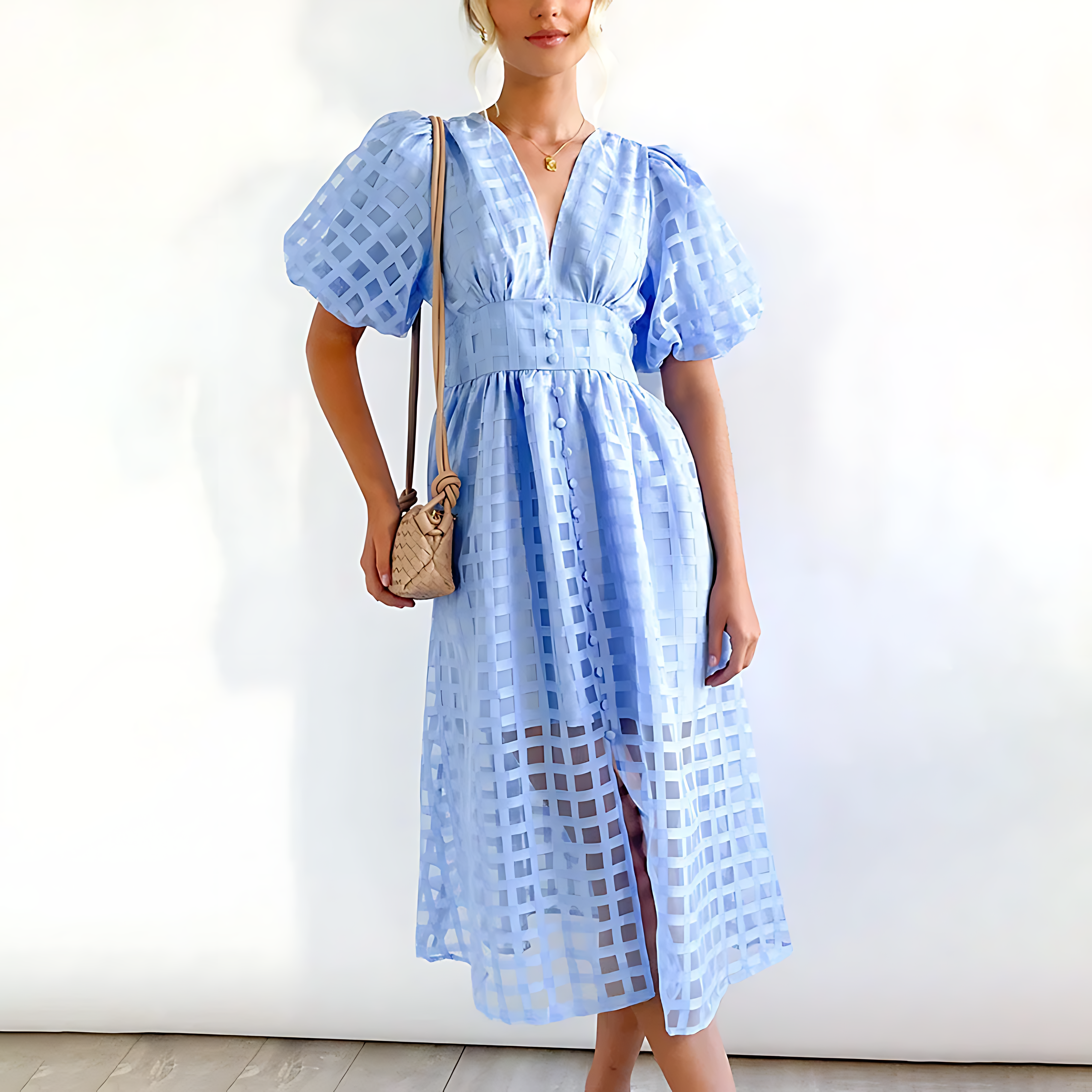Elowen – Vintage Puff Sleeve Midi Dress