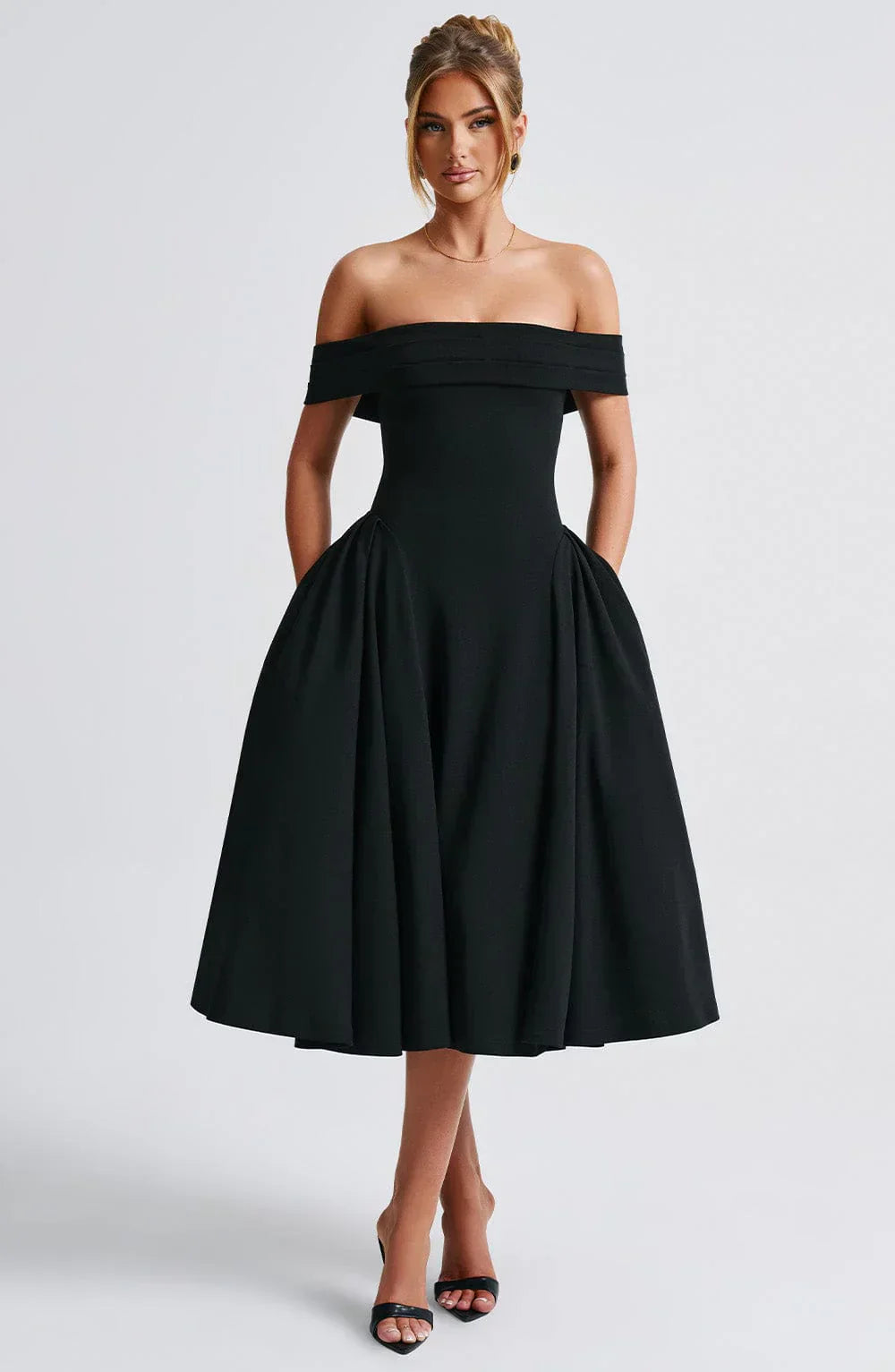 Antonia – Off-Shoulder Pleated Midi Gown
