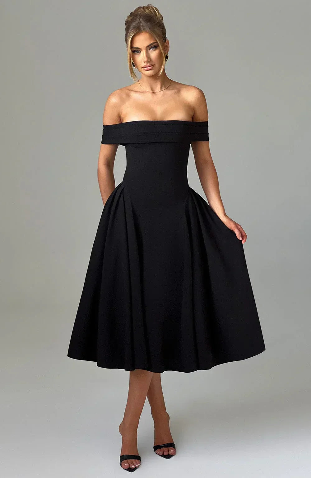 Bellina – Off-Shoulder Pleated Midi Gown