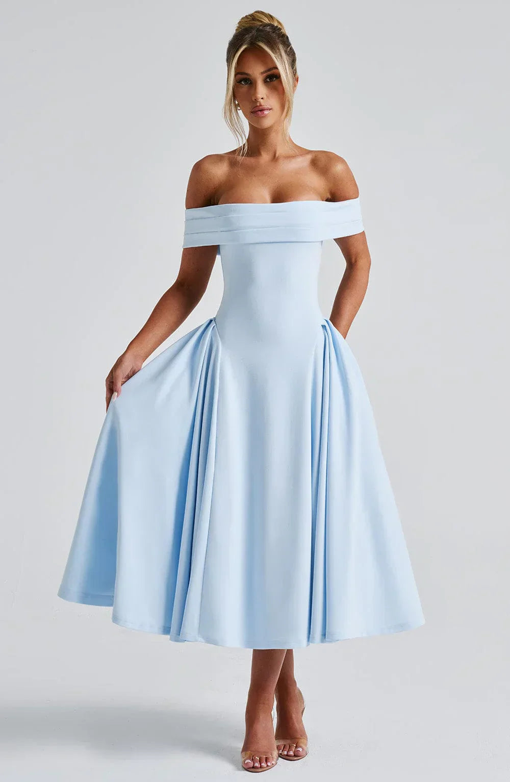 Rosetta – Off-Shoulder Pleated Midi Gown