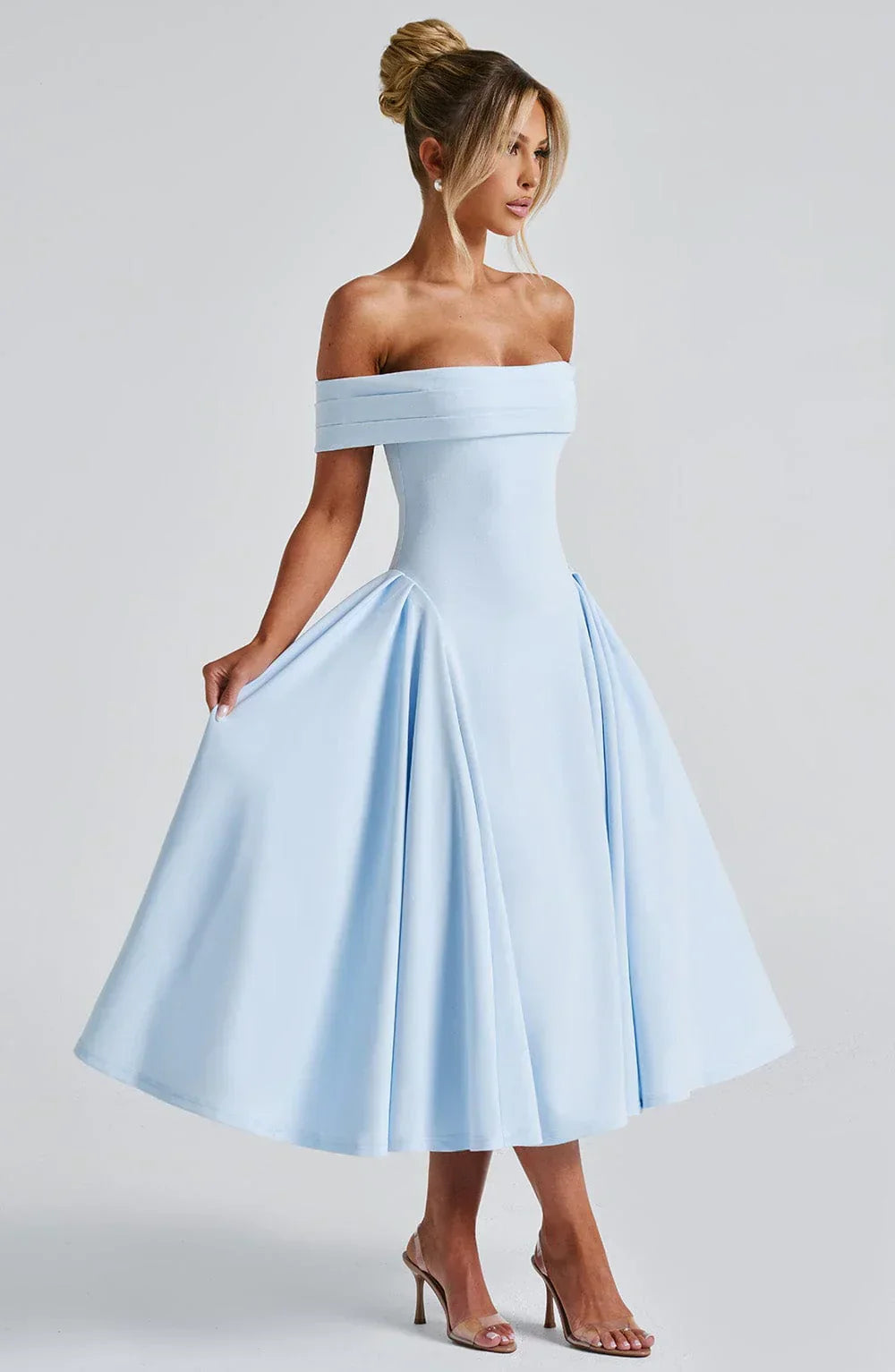 Antonia – Off-Shoulder Pleated Midi Gown