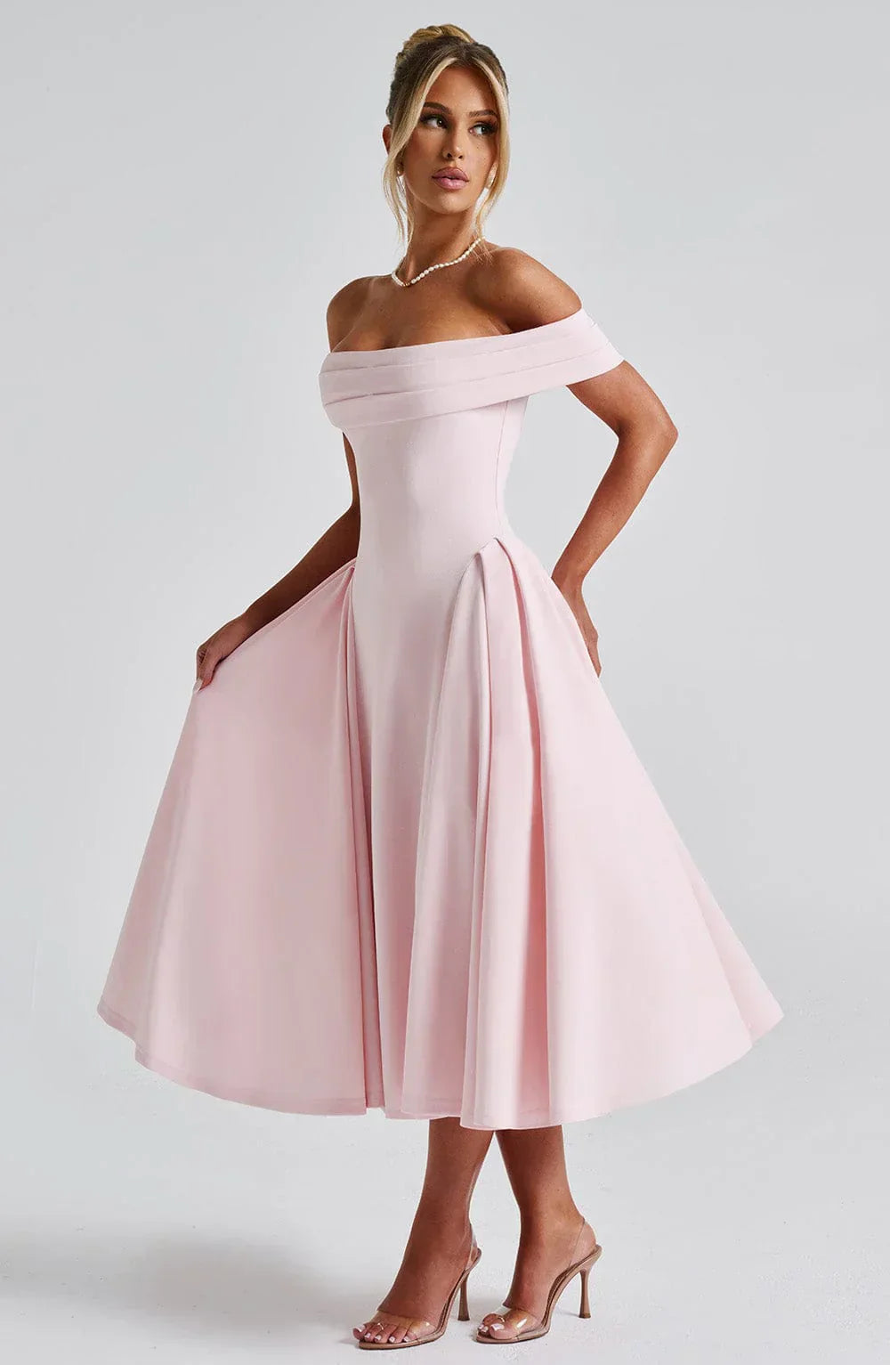 Rosetta – Off-Shoulder Pleated Midi Gown