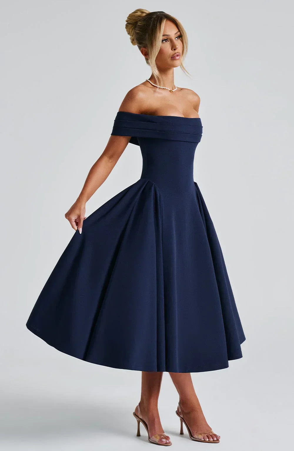 Rosetta – Off-Shoulder Pleated Midi Gown