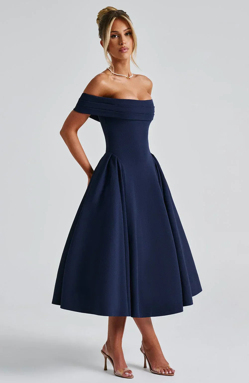 Rosetta – Off-Shoulder Pleated Midi Gown