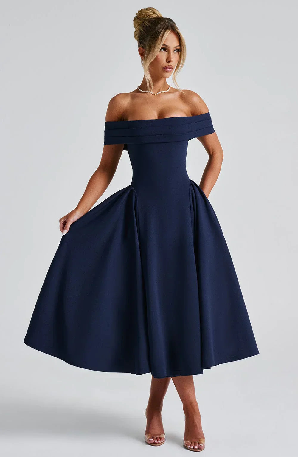 Teodora – Off-Shoulder Pleated Midi Gown