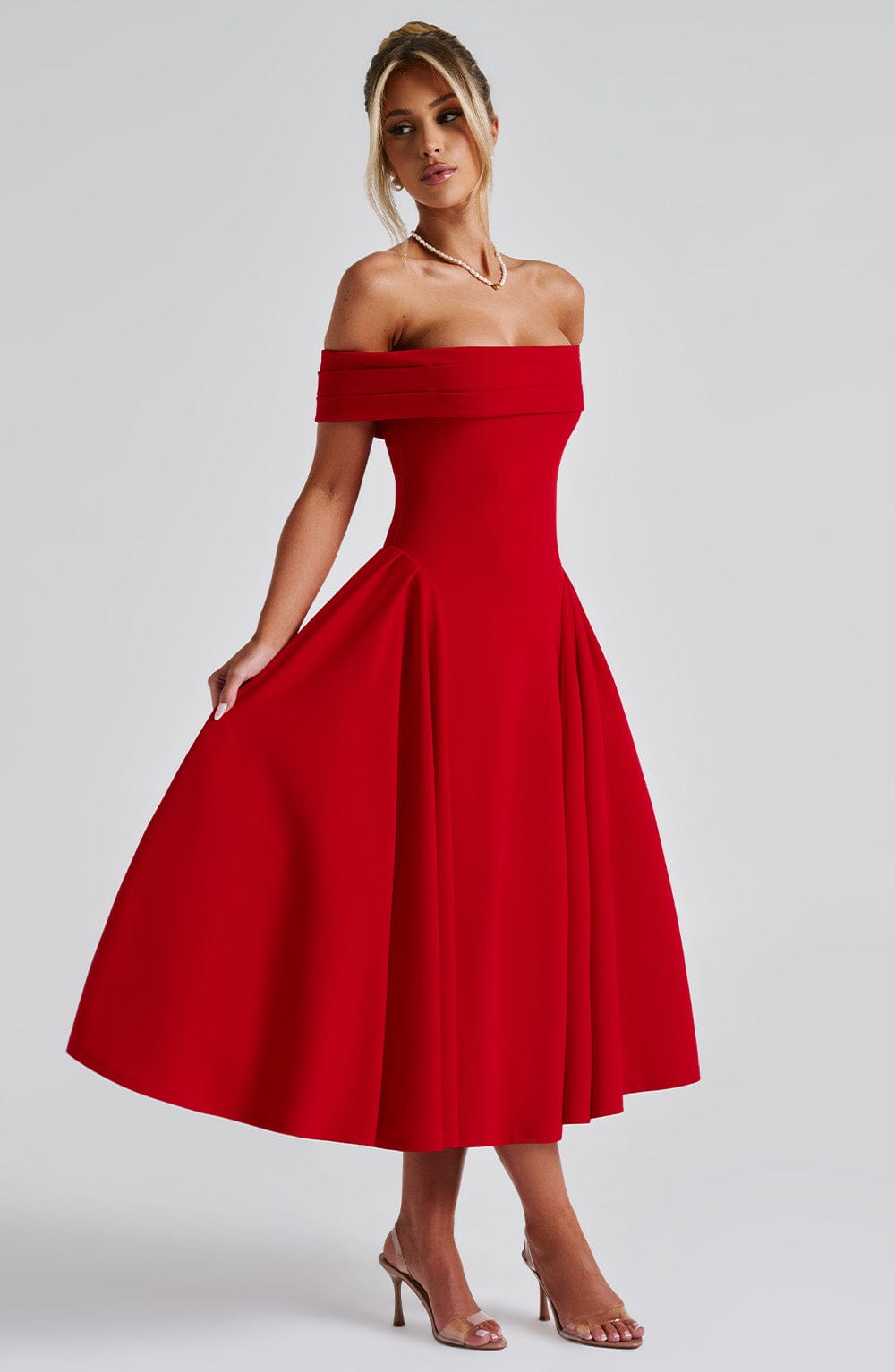 Rosetta – Off-Shoulder Pleated Midi Gown