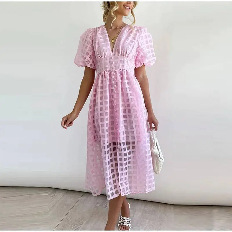 Elowen – Vintage Puff Sleeve Midi Dress