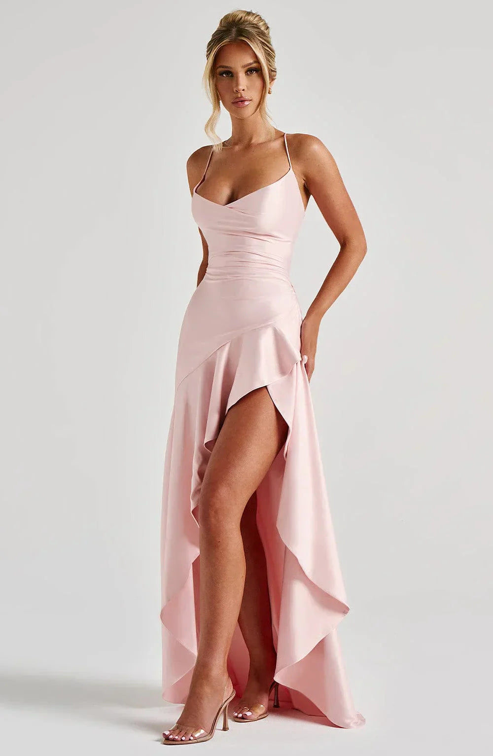 Delia – Draped Ruffle Hem Gown