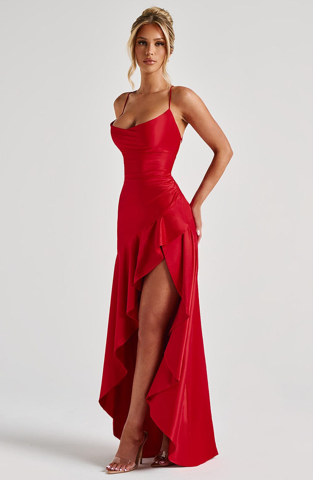 Delia – Draped Ruffle Hem Gown